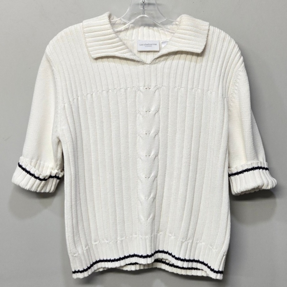 Liz Claiborne White Short-Sleeve Ribbed Sweater with Black Trim